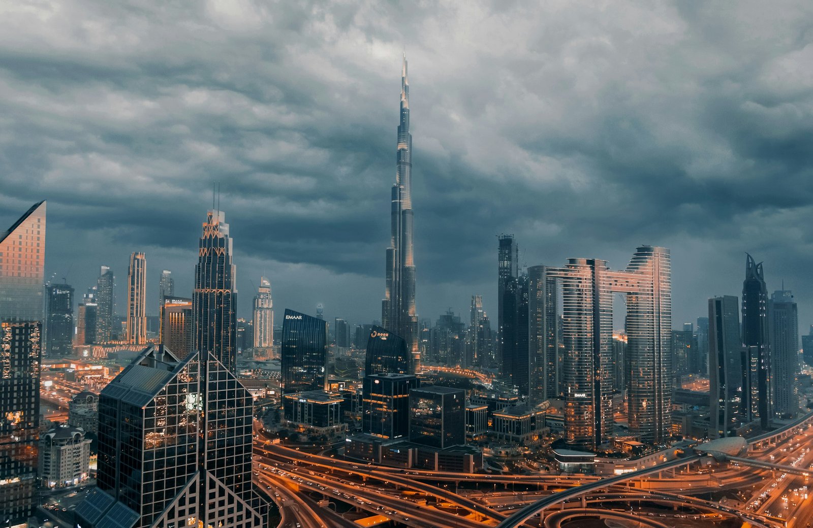 Dubai skyline with the Burj Khalifa under storm clouds